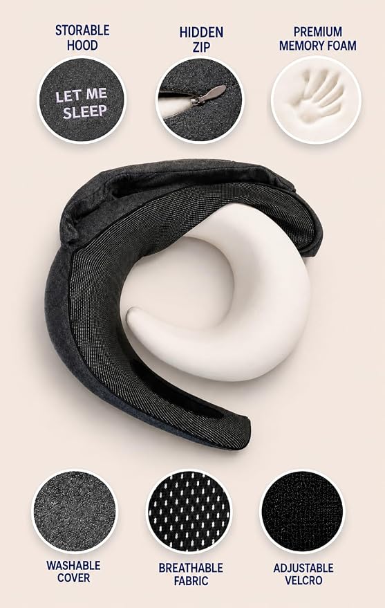 sleepfly Travel Neck Pillow with Hood – Travel Essentials Kit : Neck Pillow, Eye Mask & Silicone Earplugs – Ergonomic Memory Foam Neck Support for Airplane, Car and Train - Image 3