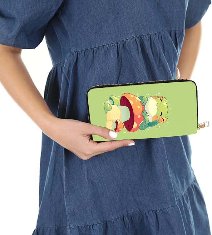Women's RFID Blocking PU Leather Zip-Around Wallet, Large Capacity Clutch with Phone Holder, Travel Purse & Card Organizer with Removable Wristlet,Cartoon Mushroom Frog - Image 6