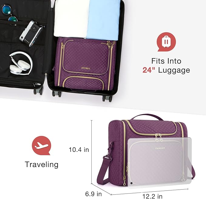 BAGSMART Women's Travel Toiletry Bag, Water-resistant Roomy, Purple | Cosmetic Makeup Bag, Door Room Essentials Travel Organizer for Full Sized Toiletries and Cosmetics - Image 6