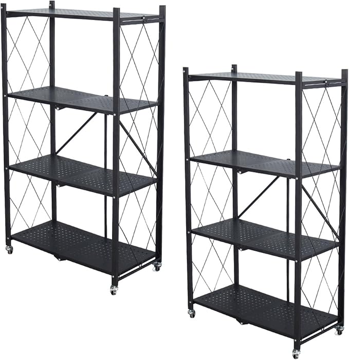 Life Hacks 2pcs 4-Tier Foldable Shelves for Storage, No Assembly Required, Folding Shelf Unit Pantry Shelves with Wheels, Metal Shelving Storage Rack Shelf for Kitchen Garage Home by 1