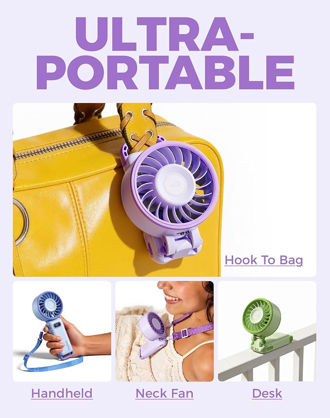 Diveblues Portable Turbo Fan, 100 Speed Handheld Fan with Strong Airflow, Foldable 4 in 1 Personal Fan for Neck, Desk & Travel, USB-C Rechargeable, Lightweight for Summer, Concerts & Outdoor Use - Image 6