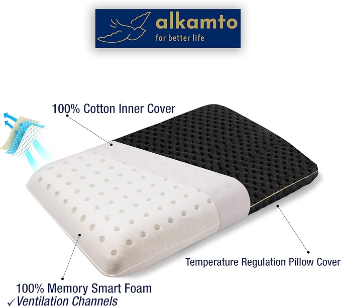 alkamto Travel & Camping Comfortable Memory Foam Pillow – Easy to Carry Portable Bag – Temperature Regulating Pillow Case (Black + Extra Cover) - Image 5