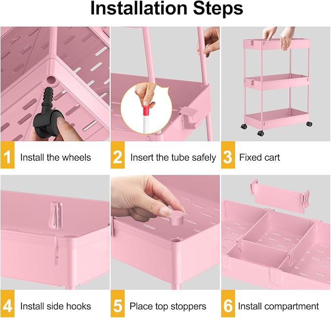 3 Tier Rolling Cart with Wheels, Storage Craft Art Trolley Organizer Serving, 3 Hanging Baskets Easy Assembly, for Office, Living Room, Kitchen, Pink - Image 2