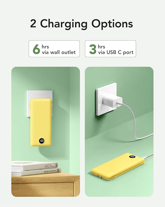 VRURC 10000mAh Power Bank, 22.5W USB C Portable Charger, Yellow | Built-in AC wall plug and cables, LED display, airline approved, slim 8 oz design - Image 4