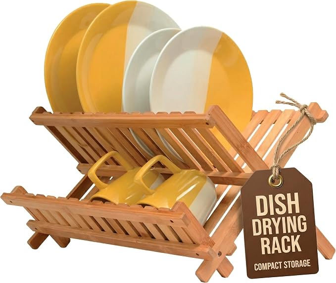 Bambüsi Collapsible Dish Drying Rack, Foldable Kitchen Counter Dish Drainer | Dish Rack Folds Flat, Space-Saving Bamboo Strainer, No Assembly, Holds Plates Cups Bowls Mugs Utensils, for Home, RV, Dorm by Bamb%C3%BCsi