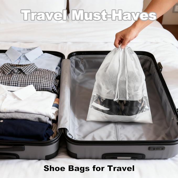 20 Pack Shoe Bags for Travel, 17" x 12.6" Drawstring Shoe Organizers with Clear Window, Breathable Non-Woven Dustproof Pouches for Luggage & Closet (White) - Image 4