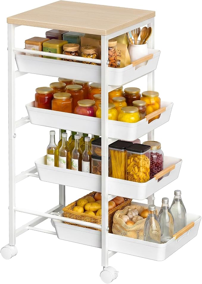 Pipishell Rolling Storage Cart with Drawers & Lockable Wheels, White | 5 Tier Kitchen Cart with Safety Stops & Vented Design, Wood Top, Pull-Out Utility Cart for Kitchen, Home Office, Bedside - Image 8