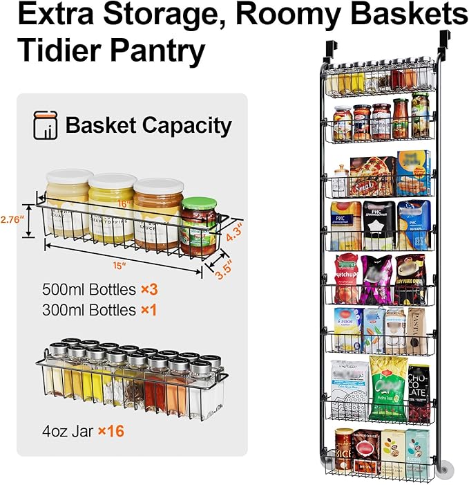 Delamu Over The Door Pantry Organizer, 8-Tier Pantry Door Organizers and Storage, Metal Hanging Spice Rack, Seasoning Organizer, Door Organizer for Home Kitchen Bathroom, Black - Image 4