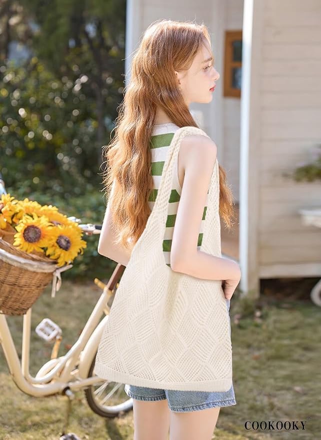 COOKOOKY Crochet Beach Tote bag Summer Beach Bag for Women Aesthetic Mesh Tote Bag Hippie Bag Knit Bag - Image 6