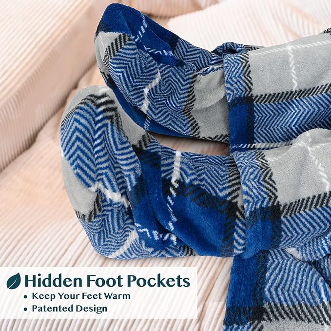 PAVILIA Fleece Blanket with Sleeves, Foot Pockets for Women Men Adults, Plush Wearable Blanket Throw Wrap, Warm Snuggle Blanket Robe, Cozy Gift Ideas Wife Mom, Plaid Navy Blue - Image 2