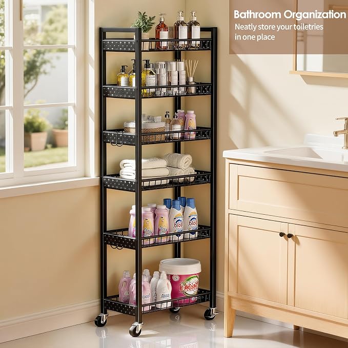 6 Tier Slim Storage Cart, Narrow Rolling Cart with Wheels, 10in(W) | Narrow Mobile Utility Shelf Unit Organizer for Kitchen, Bathroom, Laundry Room, Living Room, Small Places, Black - Image 9