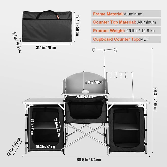 VEVOR Camping Kitchen Table, Folding Outdoor Cooking Table with Storage Carrying Bag, Aluminum Cook Station 3 Cupboard & Detachable Windscreen, Quick Set-up for Picnics, BBQ, RV Traveling, Black | Portable Lightweight Setup, Storage Pockets, Sturdy Cor... - Image 3