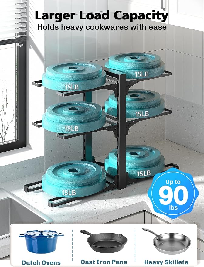 MUDEELA 6-Tier Heavy Duty Pots and Pans Organizer under Cabinet, 13.78" H | Work as a Single or Double-sided, Adjustable Pot Rack for Frying Pan, Cast Iron Skillet, Fits Various Cookware up to 12" - Image 4