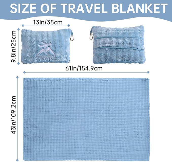 Travel Blanket and Pillow-2-in-1, Ultra-Soft&Compact, Airplane Blanket with Hand Luggage Belt and Backpack Clip,Travelers Accessories Gifts, 61x43 Inches（Blue） - Image 2