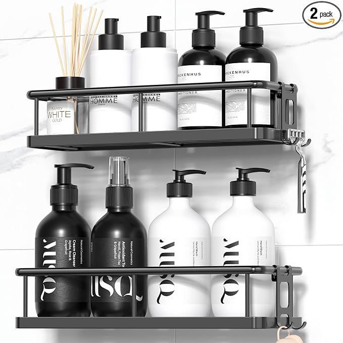 Shower Caddy Adhesive, Rustproof Shower Organizer, Large Capacity Shower Shelves for Inside Shower, No Drilling Bathroom Organizers and Storage for Home Decor （2 Pack Black） by YASONIC