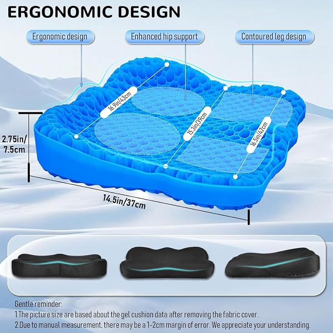Gel Seat Cushion, Thickened Big Breathable Honeycomb Design Absorbs Pressure Points Gel Cushion with Anti-Slip Cover Seat Cushion for Office Chair Home Car Seat Cushion for Wheelchair - Image 2
