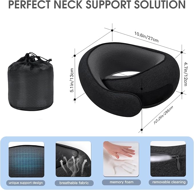 Neck Travel Pillows for Airplanes Memory Foam Neck Comfort Pillow Compact Ergonomic Design Sleeping Essentials for Long Flights Car Rides and Home Use (Black) - Image 2