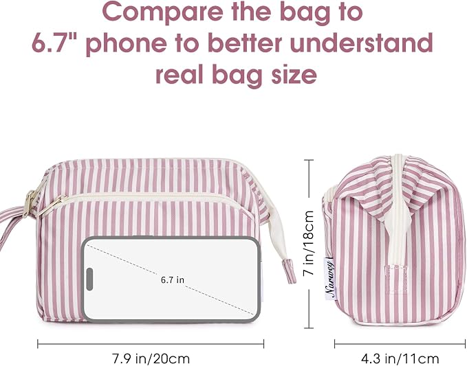 Narwey Striped Makeup Bag Women Wide-open Make up Bag Travel Cosmetic Bag Organizer Toiletry Bag for Cosmetics Toiletries Accessories (Dusty Rose Stripe) - Image 5