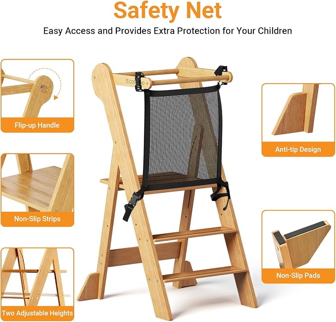 COSYLAND Foldable Toddler Kitchen Stool Helper - Standing Stool Tower | Folding 2-level Height Stand Tower, kids 18M-6Y, 70% pre-assembled anti-tip & non-slip bathroom Sink or Kitchen Counter - Image 3