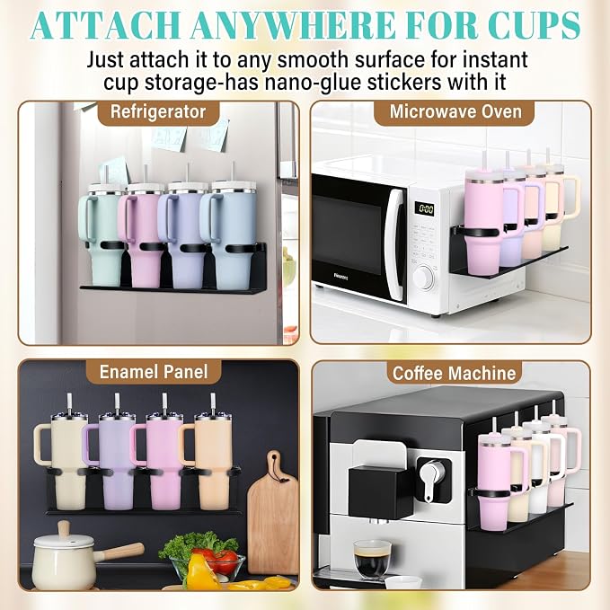 Magnetic Cup Holder for Fridge,8 Cups Water Bottle Organizer for Stanley 30 40 oz with Tumbler Lid Organizer,High Capacity Heavy Duty Kitchen Storage Rack Accessories - Image 2