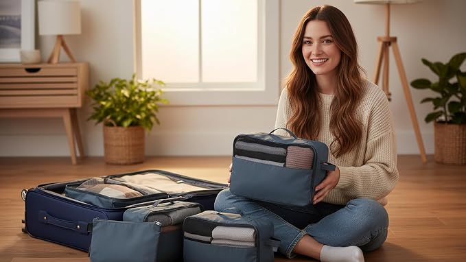 6 Set Travel Packing Cubes, Water-Repellent Nylon Luggage Organizer Bags for Suitcase, Carry-on, Home Storage, Lightweight and Durable (6, Blue, Sollid) - Image 4