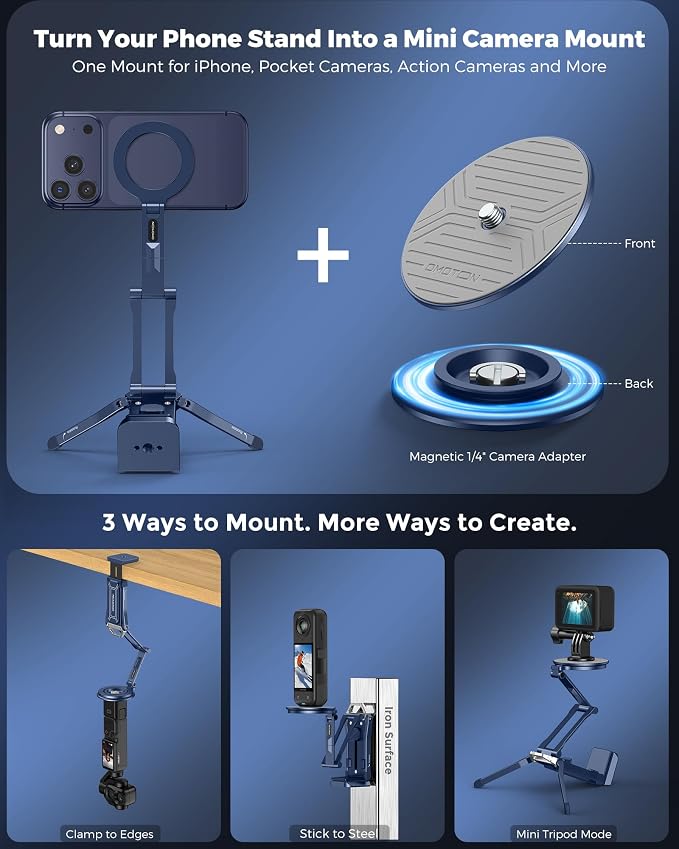 OMOTON TP02-Ultra Magnetic Action Camera Mount for DJI/GoPro iPhone，Blue | Arca-type Adapter with 1/4" Screw, 4 in 1 Phone Tripod for Travel Vlog, Adjustable & Swivel, for iPhone 12-17 Series - Image 2