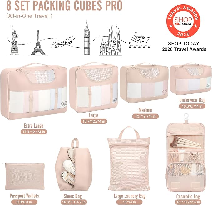 Veken 8 Set Packing Cubes for Travel Essentials,Anti-Wrinkle Buckled Suitcase Organizer for Shoe & Toiletry Bag,Carry On Luggage Bag with 99+ Count Mesh Holes for Airplane & College Dorm Accessories - Image 2