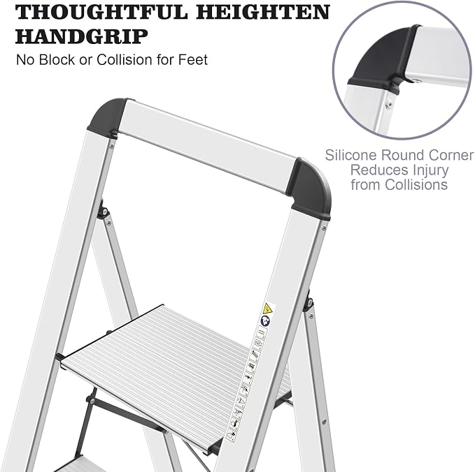 KINGRACK Aluminium 4 Step Ladder, Lightweight Step Stool with Non-Slip Pedals, Handrail, Foldable Step Ladder for Kitchen, Garage, Home, Space Saving, Sturdy and Portable, Silver - Image 4