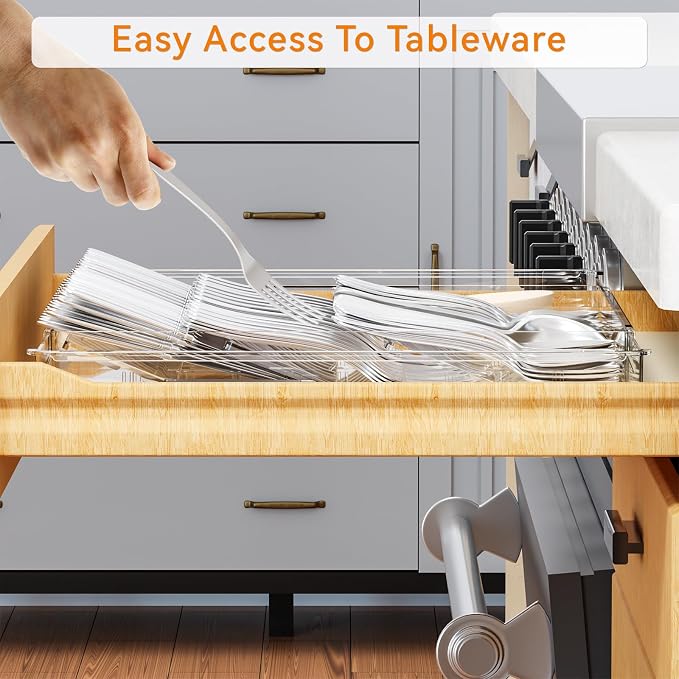 Large Expandable Silverware Organizer - Adjustable From 11'' to 21.3'' - Spatula,Gadget,Knife,Cutlery,Spoons and Forks Organizer,Clear Flatware,Silverware Tray,Utensil Organizer for Kitchen Drawers - Image 8
