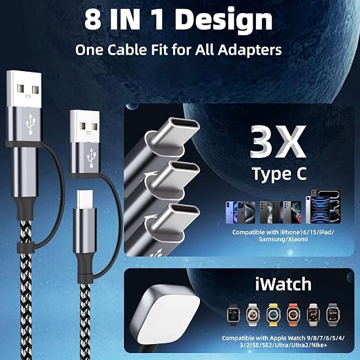 Travel Essentials with 3 Type-C/iWatch Charger, 5FT Multi Charging Cable | Cruise Essentials, USB C Splitter Multiple Phone Charger Cord for iWatch Ultra/SE/11-1, iPhone17-12, Android, Car More - Image 2