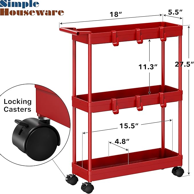 Simple Houseware 3-Tier Slim Rolling Cart w/Handle 5.5" Wx27.5 H, Red | Storage Cart for Narrow Space (5.5-Inch Wide) Kitchen, Bathroom, Laundry Room - Image 3