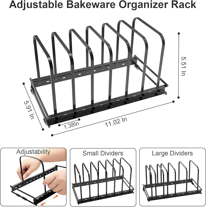 TEAMOLA Metal Cutting Board Organizer - Adjustable Bakeware Rack 2-Pack | Black Metal Kitchen Rack Organizer, Adjustable Holder Fits Pans Lids Sheets, Cabinet Counter Under Sink Caddy with 7 Slots - Image 2