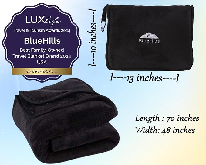 BlueHills Premium Soft Long Travel Blanket Pillow Airplane Flight - Black | Tall Travel Blanket Pillow Airplane, Flight 70 X48 Long Throw in Bag Pillowcase, Compact Large Traveling Essentials Portable - Image 5