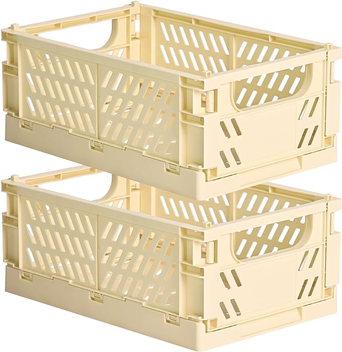 HUUSMOT 2-Pack Collapsible Plastic Storage Baskets, Yellow, 9.8"x6.5"x3.8" | Pastel, Space-Saving, Collapsible Plastic Bins, Cute Mini Storage Crates, for Classroom, Kitchen, Office, Bedroom by HUUSMOT