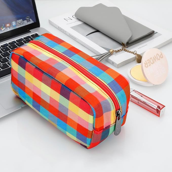 E-Tree Cute Makeup Bag,Travel Make up Pouch for Purse,Zipper Toiletry Cosmetic Brush Skin Care Case for Women Man,Tech Electronic Organizer,Small Canvas Storage for Personal Items,Colorful Checkered - Image 6
