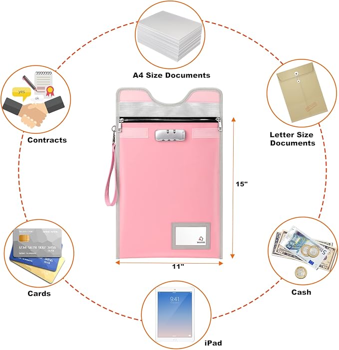 Fireproof Money Bag with Lock (5200℉), 15”x 11”Important Document Organizer Bag, Travel Money Pouch for Valuables,Money,Jewelry,Legal Documents,File and Tablet(Pink) - Image 6
