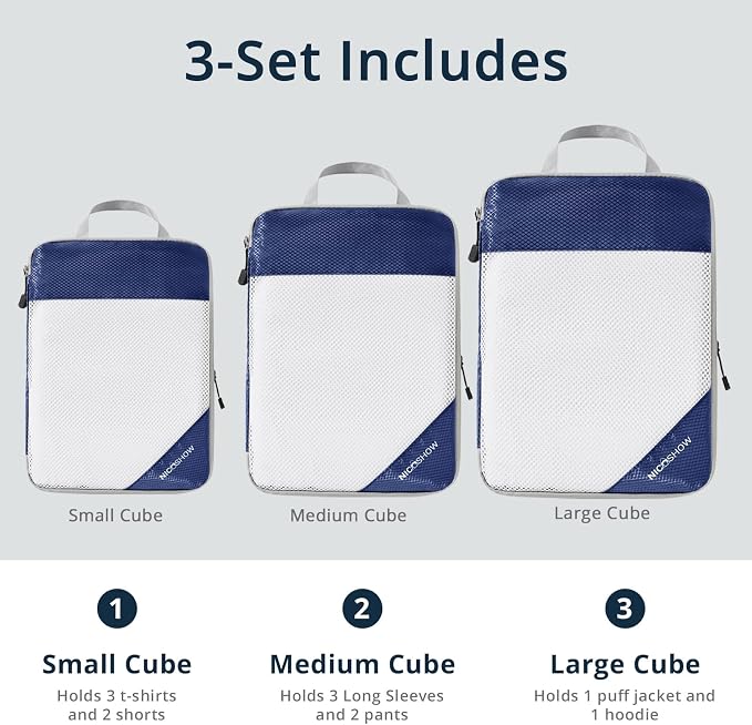 3 Set Compression Packing Cubes for Travel - Compressible, Lightweight, and Space-Saving Packing Cubes, Travel Essentials for Women, Navy - Image 3