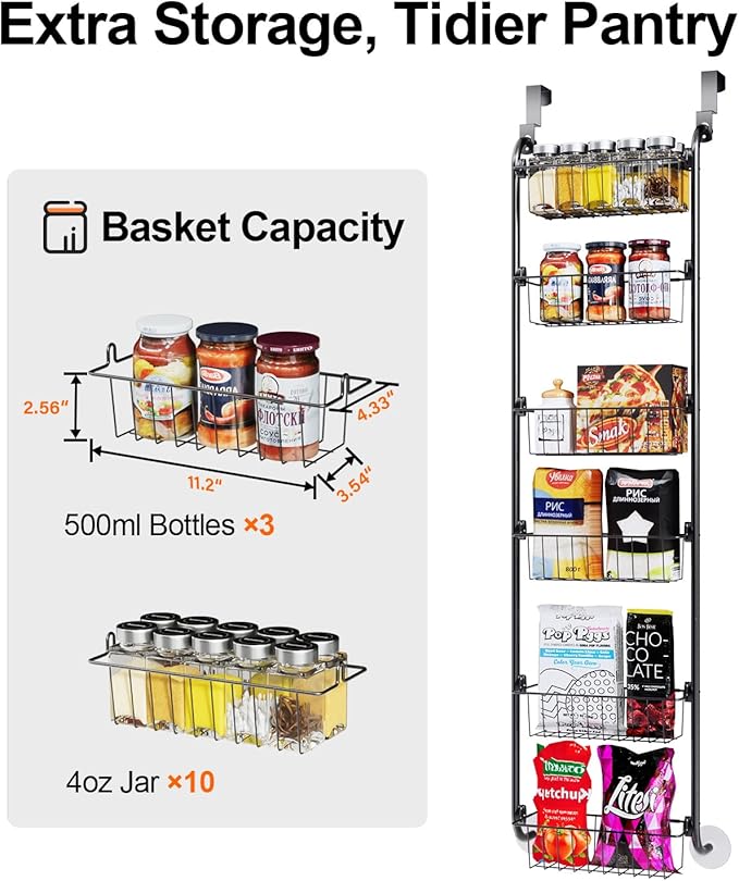 Delamu Narrow Over the Door Pantry Organizer, 6-Tier Metal Pantry Door Organization and Storage for Easy Install, Hanging Spice Rack Seasoning Shelves for Cabinet & Kitchen, D5 x W13 x H50 inch, Black - Image 4