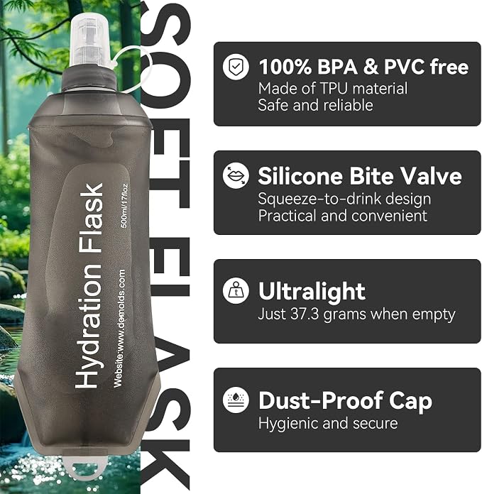 500ml Soft Flask, Shrink As You Drink Collapsible Water Bottles for Running Vest & Hydration Pack, BPA-Free Leak-Proof TPU Folding Bottle for Hiking Cycling Climbing Jogging-Grey - Image 2