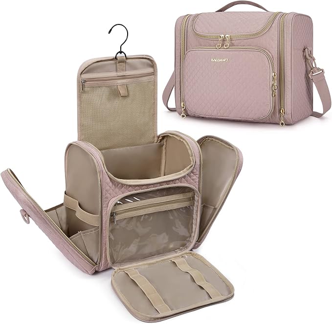 BAGSMART Women's Travel Toiletry Bag, Water-resistant Large Capacity, Pink | Cosmetic Makeup Bag, Door Room Essentials Travel Organizer for Full Sized Toiletries and Cosmetics by BAGSMART