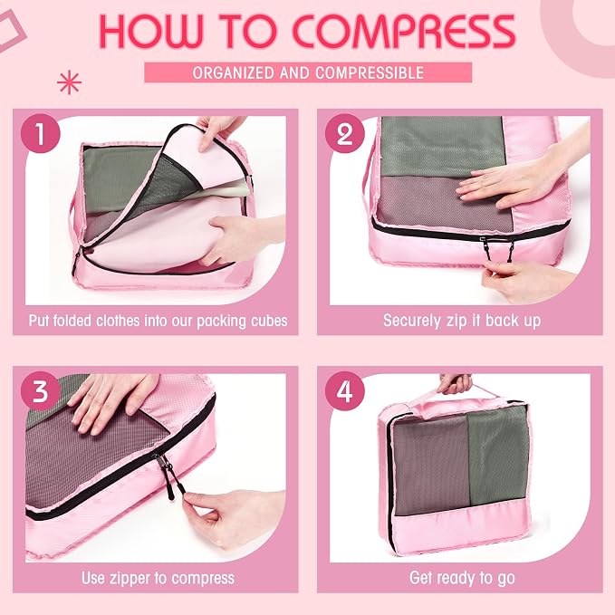 5 Pcs Packing Cubes for Suitcase Large Travel Cubes Carry on Luggage Organizer Bags for Clothes Accessories(Mixed,Pink) - Image 4