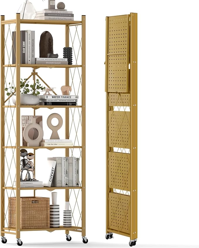 DEANIC 6-Shelf Folding Bookcase with Wheels, Heavy Duty Storage Shelves, Freestanding Metal Wire Shelving Unit for Living Room, Office, Kitchen, Basement, Pantry (Gold) by ShowNow