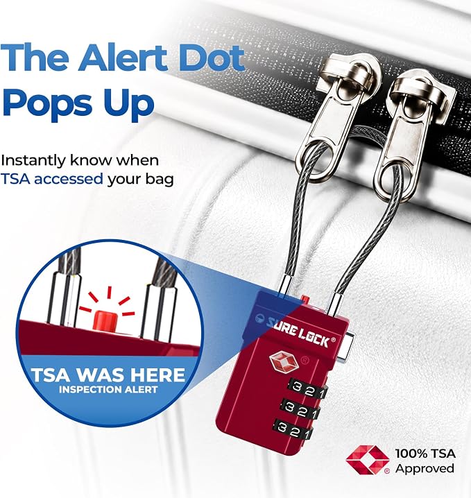 SURE LOCK TSA Approved Luggage Locks with Open Alert Indicator, 3 Digit Combination Cable Travel Lock for Suitcase, Backpack, Gym Locker, Toolbox, Carry On & Travel Bag - Image 2