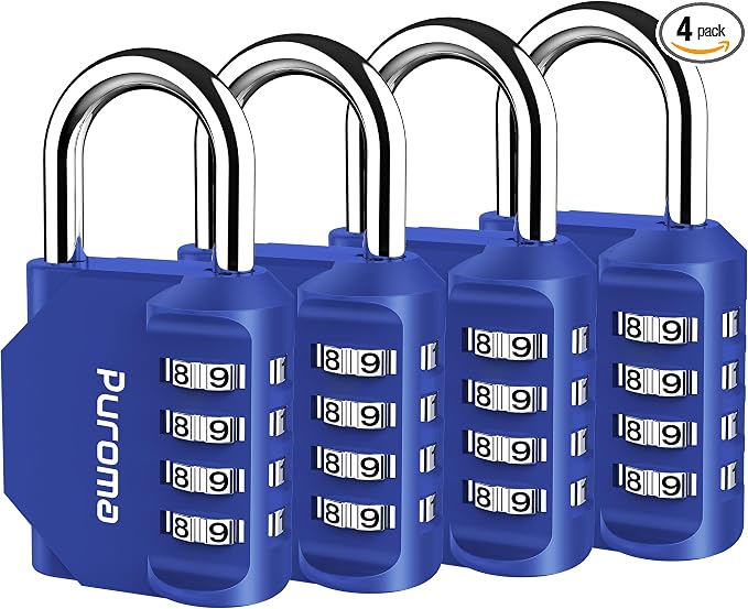 Puroma 4 Pack Combination Lock Locker 4 Digits Combo Padlock Gym Blue | For School Gate Fence Toolbox Hasp Storage, Outdoor, Resettable, Weatherproof, Side Window, Crack Cut Resist, Hardened Steel by Puroma