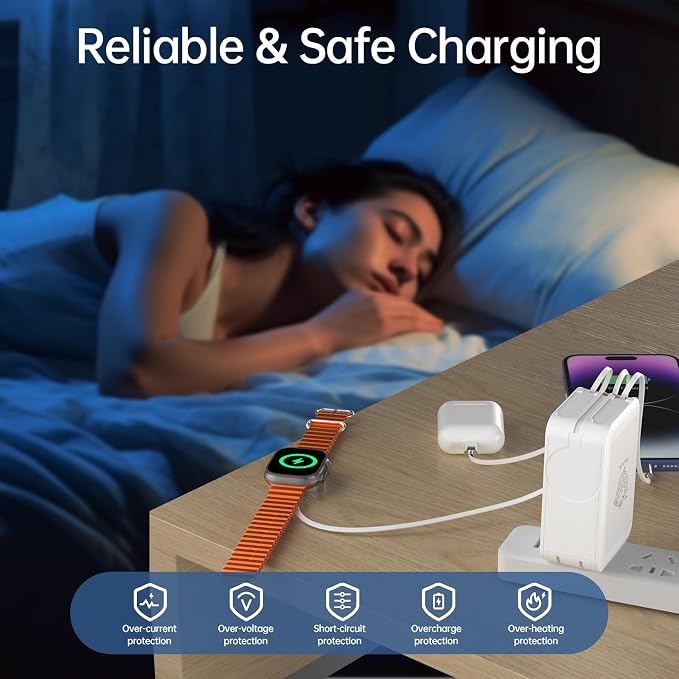5-in-1 Retractable Apple Watch Charger, 35W Travel Wall Charger | Built-in 3.2ft USB-C, Older iPhone & Apple Watch Charging Cables, USB-A + USB-C Ports, Foldable Plug for Travel - Image 6