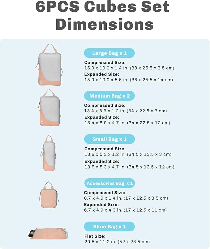 6 Set/ 4 Set/ 2 Set Compression Packing Cubes Travel Essentials Lightweight Nylon Luggage Suitcase Organizer Bag Light Pink 6PCS - Image 2
