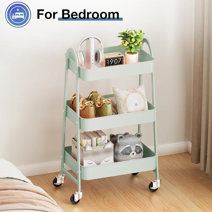 OLIXIS Metal 3 Tiers Rolling Storage Utility Cart with Lockable Wheels | Mobile Organizer Shelf, Space-Saving, Freestanding, Bathroom, Living Room, Slim, Narrow Corner Spaces, Pale Green - Image 6