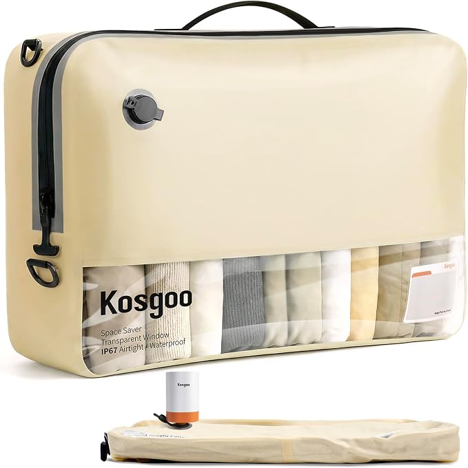 Vacuum Compression Bags for Travel with Pump 180° Open Vacuum Seal Bags for Carry-on Luggage Home Storage, IP67 Waterproof Space Saver Storage Bag (1 Pack with Pump, Beige) by KOSGOO