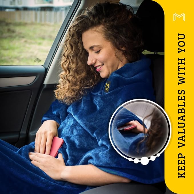 Travel Blanket Airplane Compact with Hoodie – 2in1 Airplane Travel Accessories from Plane Blanket to Travel Pillow with Luggage Strap, Soft Handle & Secure Pocket (Navy Blue, 62x41'') | 300 GSM fleece airplane blanket; attached hoodie doubles as its st... - Image 5