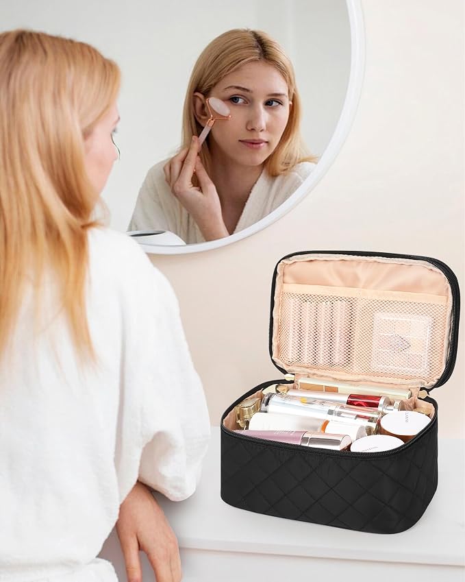 Relavel Large Travel Makeup Bag with Separate Makeup Brush Compartment | Make Up Pouch for Women with Double Layer Design, Portable Toiletry Organizer Bag with Handle for Short Trip, Black - Image 8